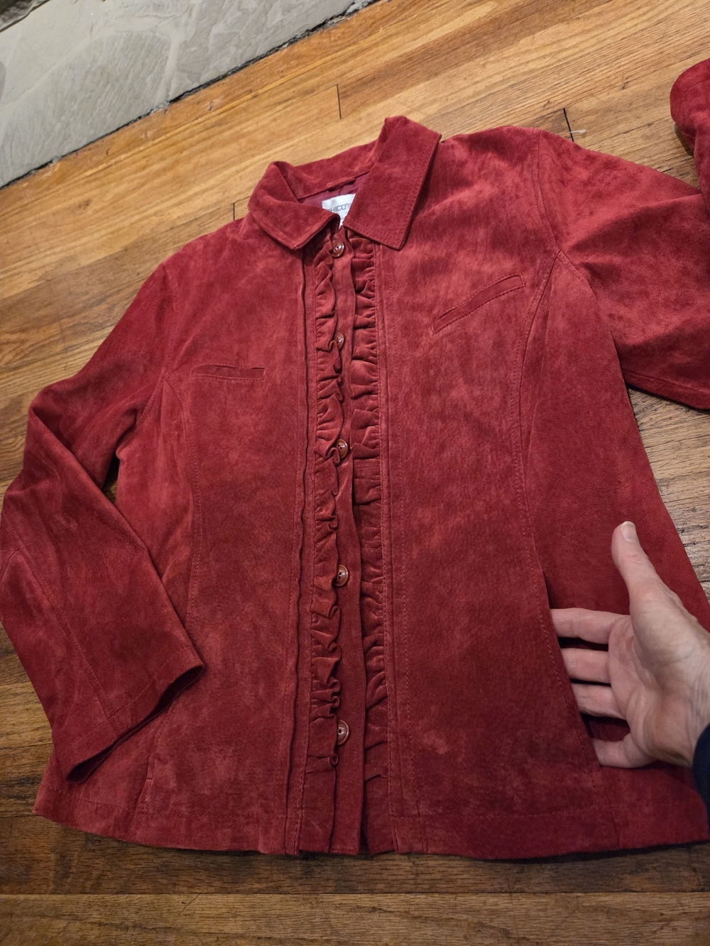 Chico's Red Ruffle-Front Suede Jacket - Picture 4 of 9